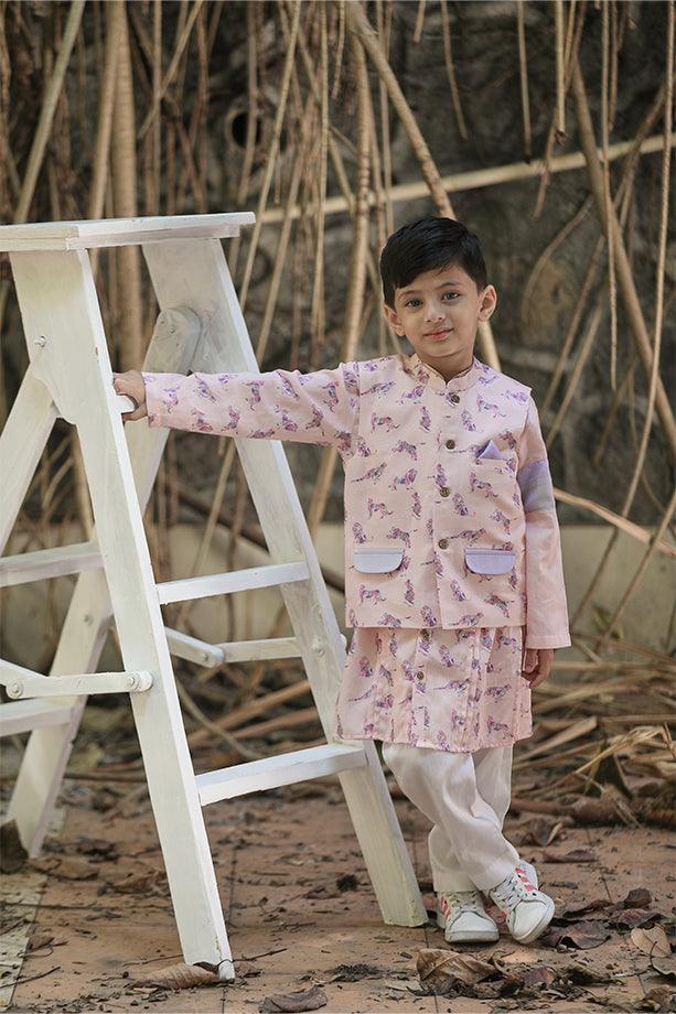 Peach Animal Print Bandi Kurta and Off-White Pants Set for Boys - Totdot