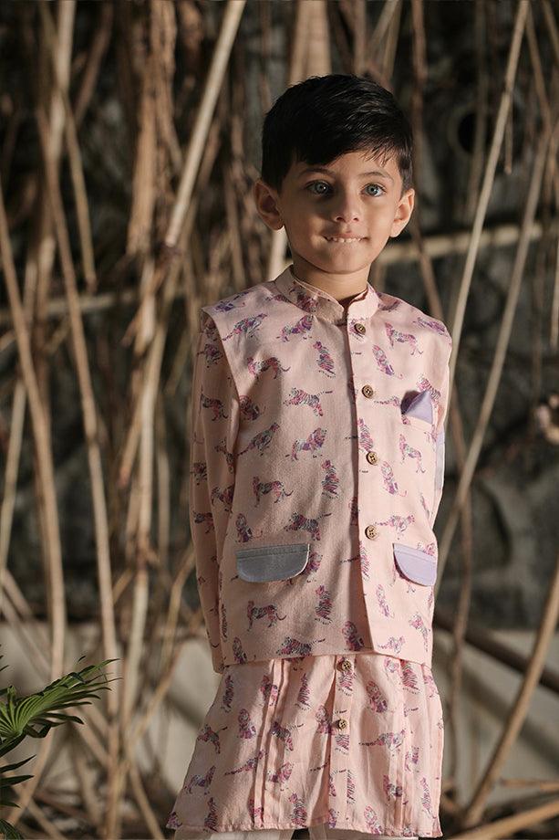 Peach Animal Print Bandi Kurta and Off-White Pants Set for Boys - Totdot