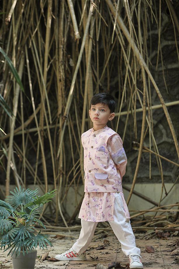 Peach Animal Print Bandi Kurta and Off-White Pants Set for Boys - Totdot