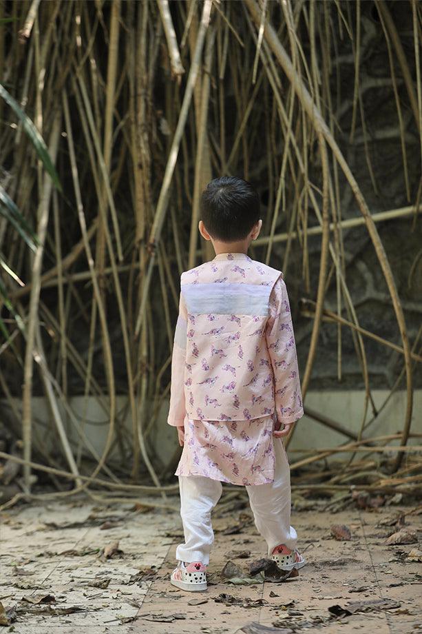 Peach Animal Print Bandi Kurta and Off-White Pants Set for Boys - Totdot