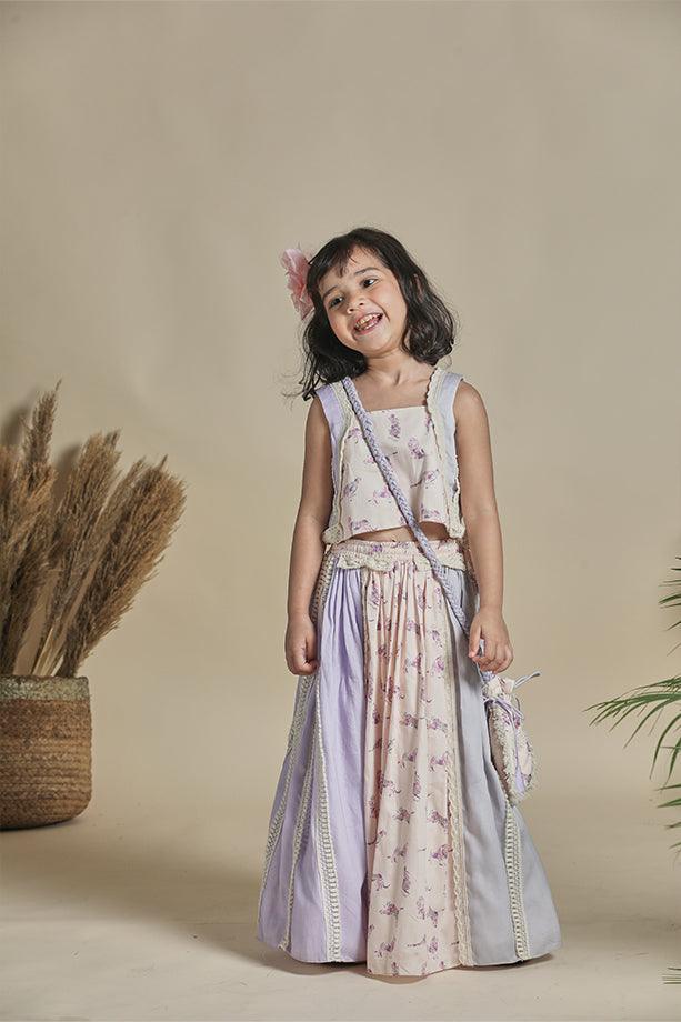 Peach Animal Print Lehanga with Strappy Blouse and Potli Bag Set for Girls - Totdot