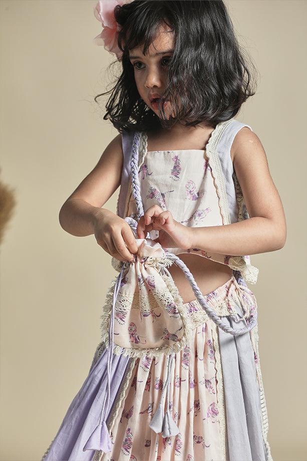 Peach Animal Print Lehanga with Strappy Blouse and Potli Bag Set for Girls - Totdot