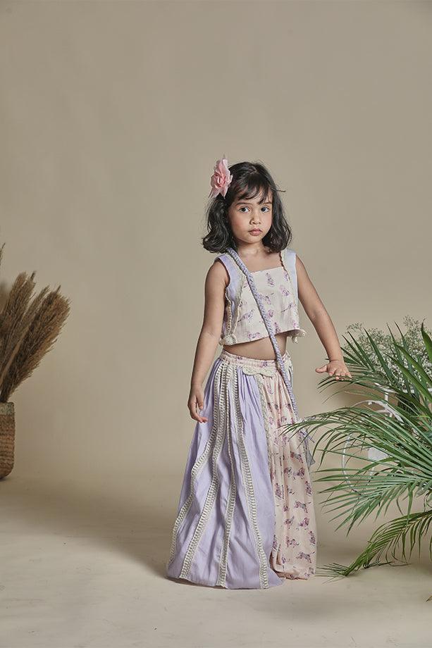 Peach Animal Print Lehanga with Strappy Blouse and Potli Bag Set for Girls - Totdot