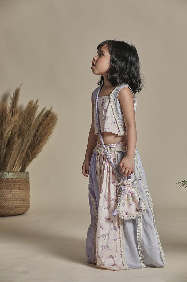 Peach Animal Print Lehanga with Strappy Blouse and Potli Bag Set for Girls - Totdot