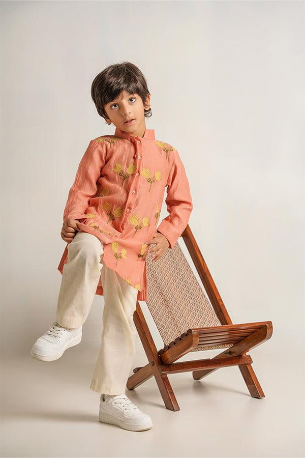 Peekaboo- Peach Chanderi Silk Hand Embroidered Full Sleeves Kurta Set for Boys - Totdot