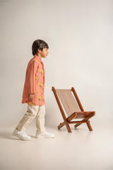 Peekaboo- Peach Chanderi Silk Hand Embroidered Full Sleeves Kurta Set for Boys - Totdot