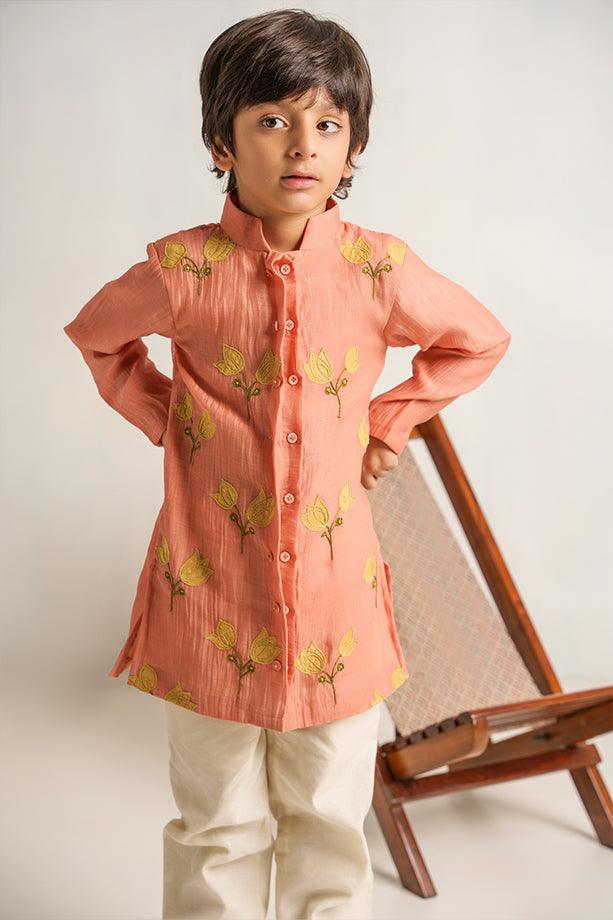 Peekaboo- Peach Chanderi Silk Hand Embroidered Full Sleeves Kurta Set for Boys - Totdot