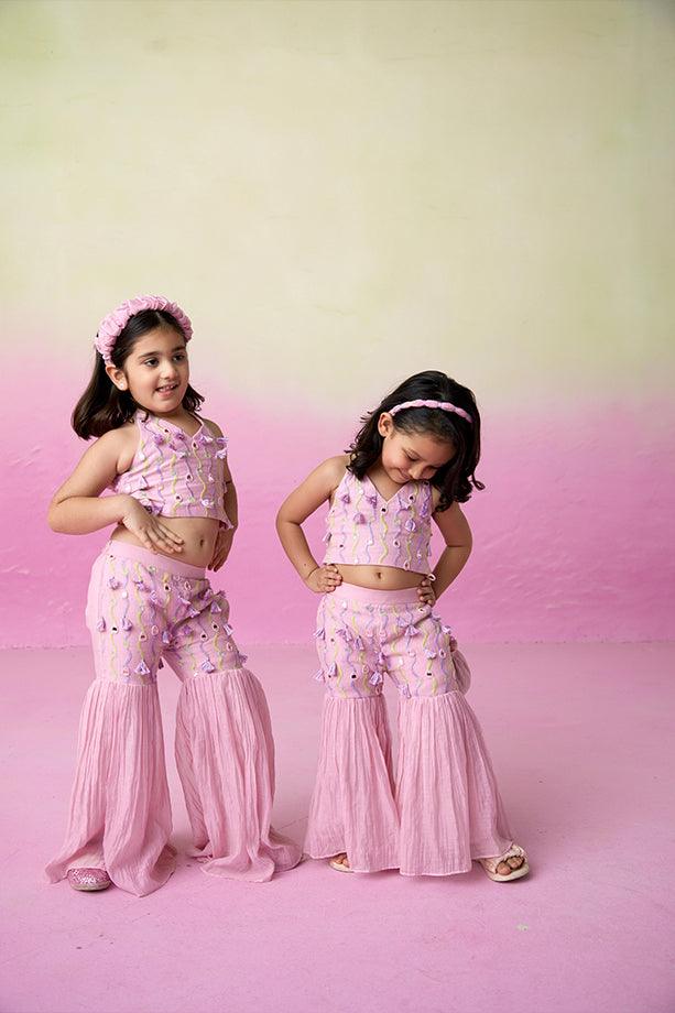 Petal Pink- Orchid Pink Hand Embroidered Crop-Top Sharara set for Girls - Totdot