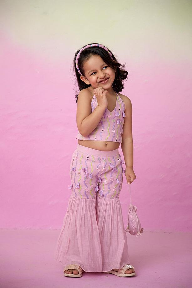 Petal Pink- Orchid Pink Hand Embroidered Crop-Top Sharara set for Girls - Totdot