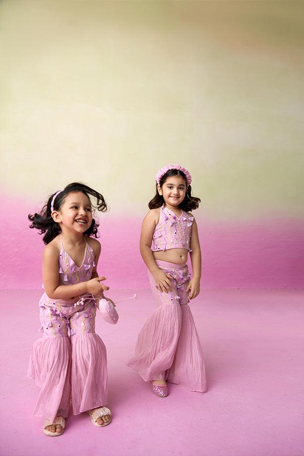 Petal Pink- Orchid Pink Hand Embroidered Crop-Top Sharara set for Girls - Totdot