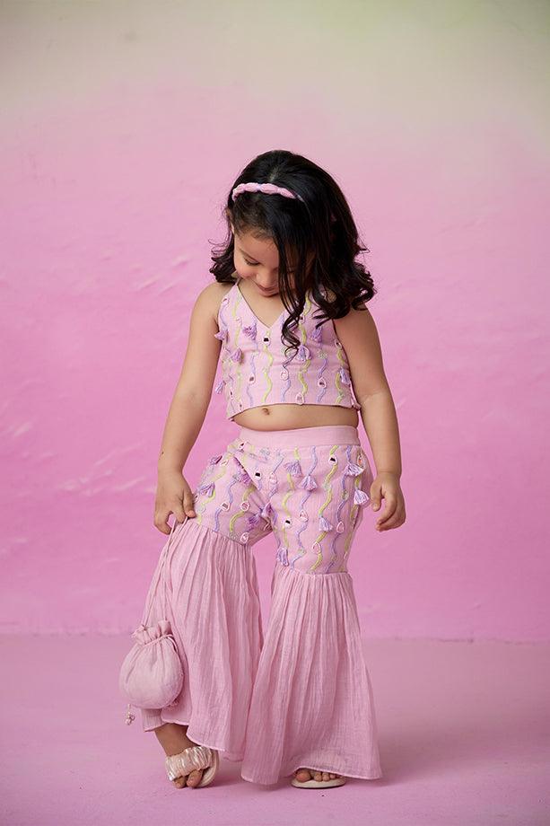 Petal Pink- Orchid Pink Hand Embroidered Crop-Top Sharara set for Girls - Totdot