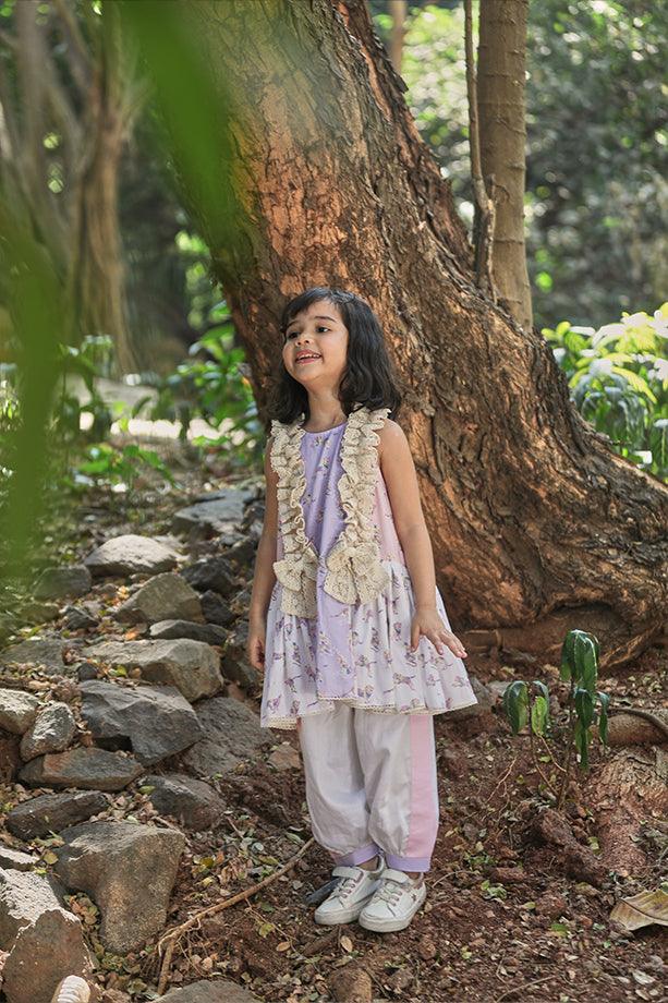 Pink and Lavender Animal Print A-line Frilled Kurta and Off-White Salwar Set for Girls - Totdot