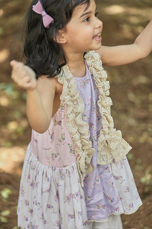 Pink and Lavender Animal Print A-line Frilled Kurta and Off-White Salwar Set for Girls - Totdot