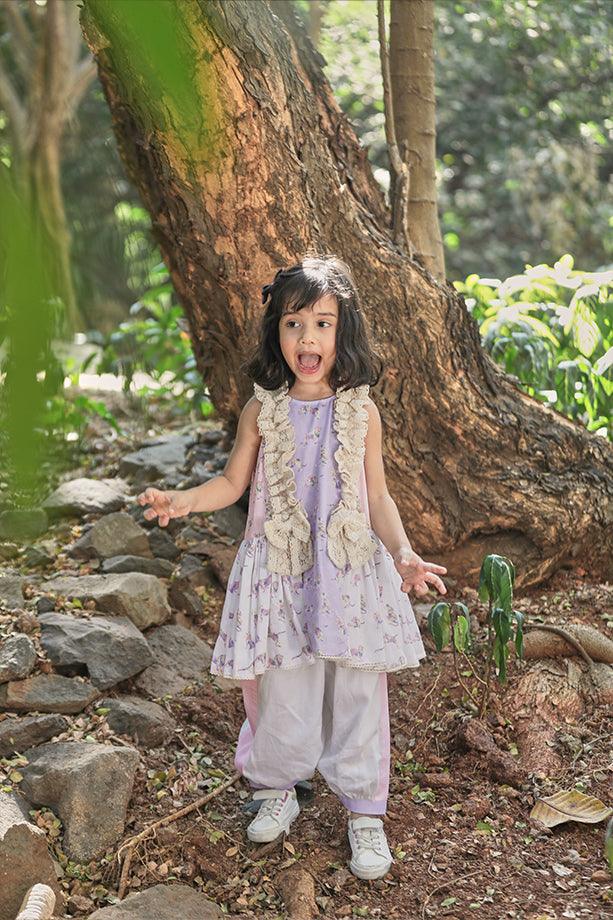 Pink and Lavender Animal Print A-line Frilled Kurta and Off-White Salwar Set for Girls - Totdot