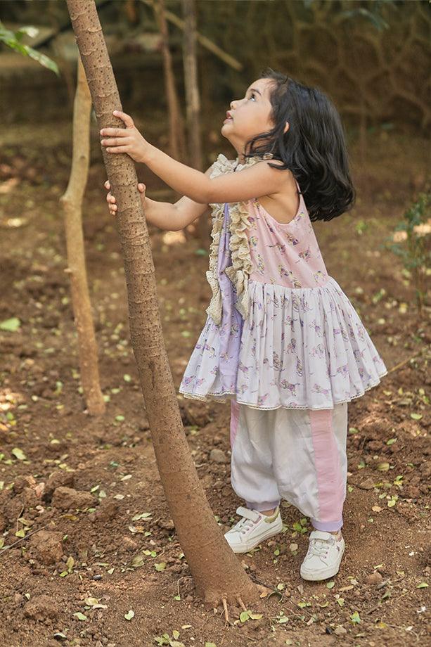 Pink and Lavender Animal Print A-line Frilled Kurta and Off-White Salwar Set for Girls - Totdot