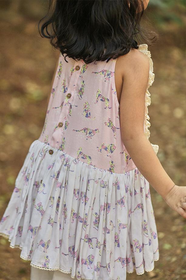 Pink and Lavender Animal Print A-line Frilled Kurta and Off-White Salwar Set for Girls - Totdot