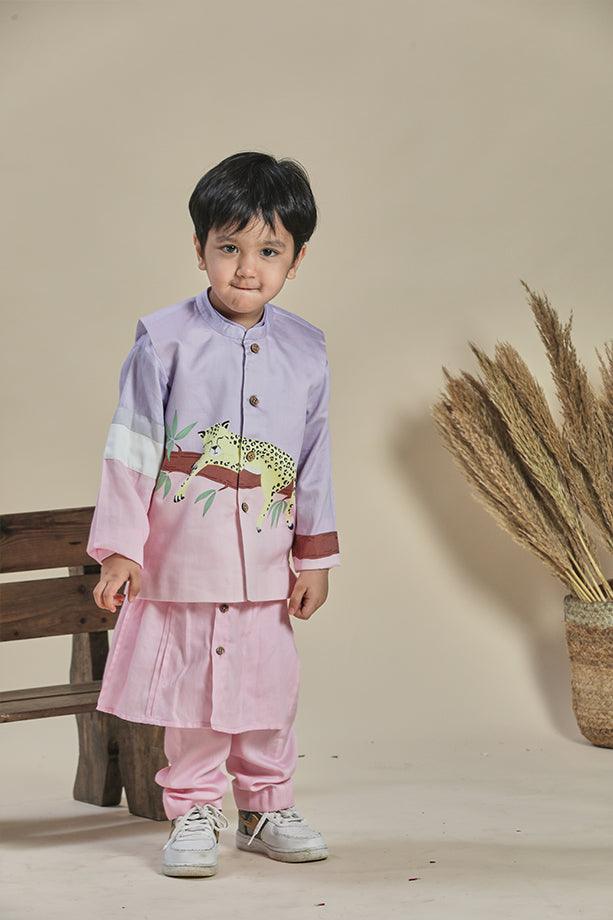 Pink and Lavender Bandi Kurta and Pink Pants Set for Boys - Totdot