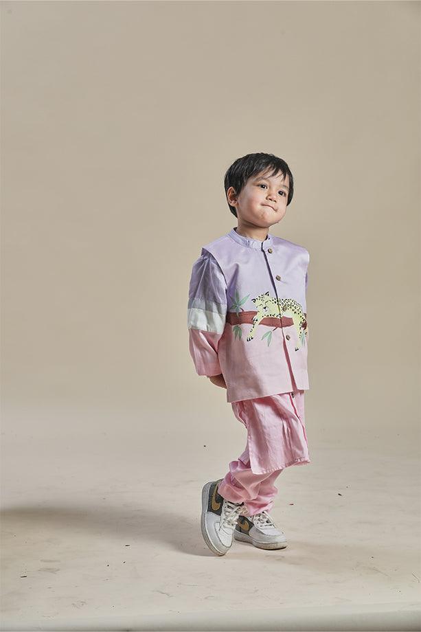 Pink and Lavender Bandi Kurta and Pink Pants Set for Boys - Totdot