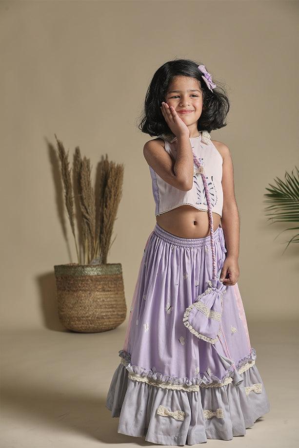 Pink and Lavender Frilled Lehenga with Blouse and Potli Bag Set for Girls - Totdot