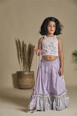 Pink and Lavender Frilled Lehenga with Blouse and Potli Bag Set for Girls - Totdot