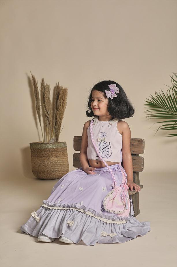 Pink and Lavender Frilled Lehenga with Blouse and Potli Bag Set for Girls - Totdot