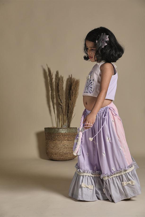 Pink and Lavender Frilled Lehenga with Blouse and Potli Bag Set for Girls - Totdot