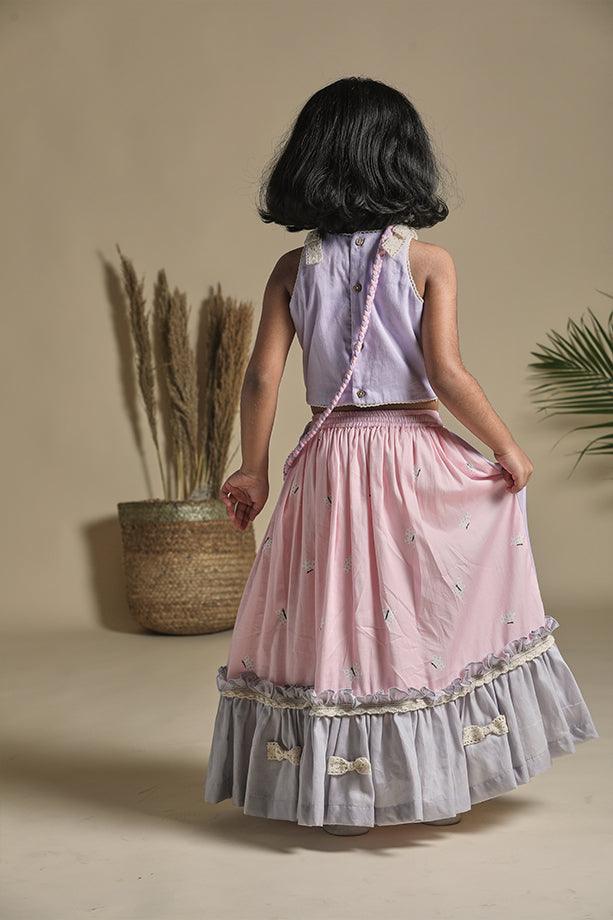 Pink and Lavender Frilled Lehenga with Blouse and Potli Bag Set for Girls - Totdot