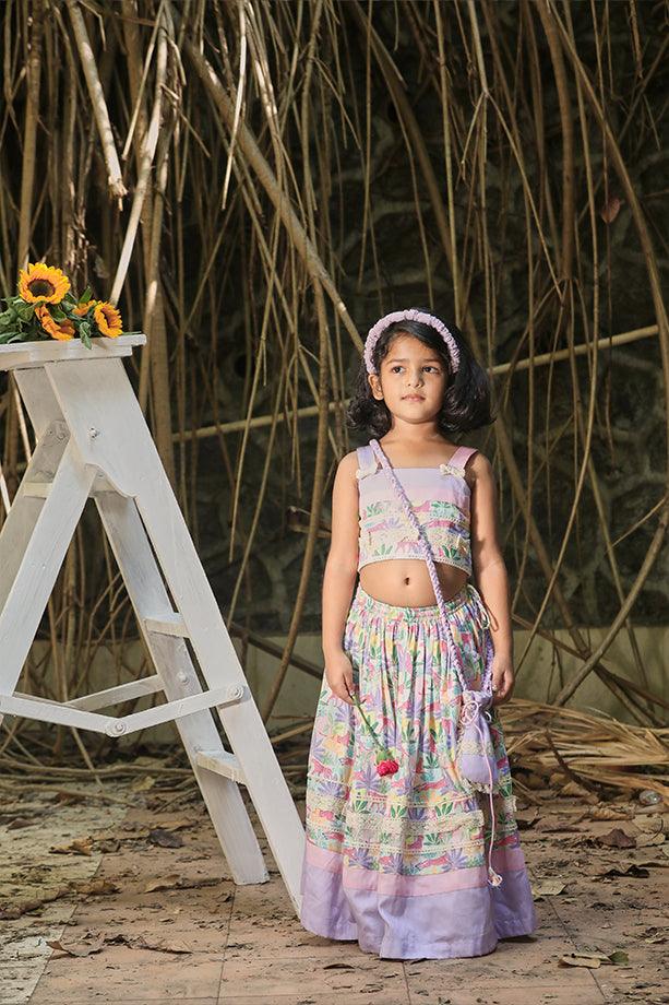 Pink & Lavender Tropical Print Frilled Lehenga with Strappy Blouse and Potli Bag Set for Girls - Totdot