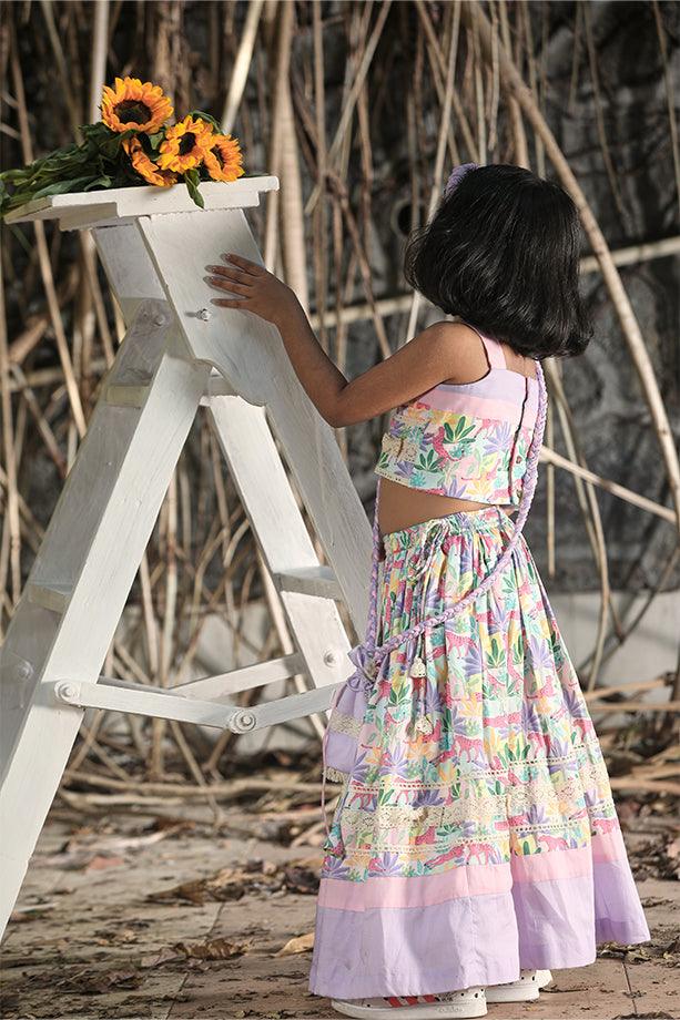 Pink & Lavender Tropical Print Frilled Lehenga with Strappy Blouse and Potli Bag Set for Girls - Totdot