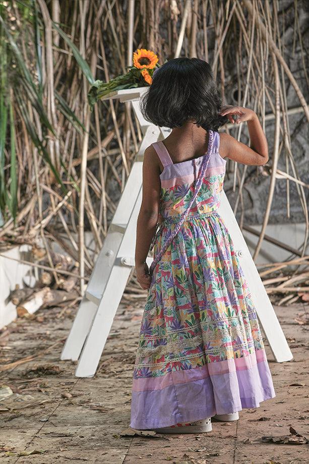 Pink & Lavender Tropical Print Frilled Lehenga with Strappy Blouse and Potli Bag Set for Girls - Totdot