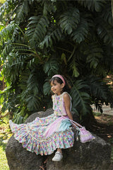 Pink & Mint Green Tropical Print Frilled Lehenga with Strappy Blouse and Potli Bag Set for Girls - Totdot