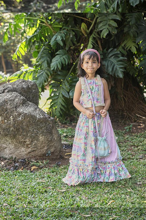 Pink & Mint Green Tropical Print Frilled Lehenga with Strappy Blouse and Potli Bag Set for Girls - Totdot