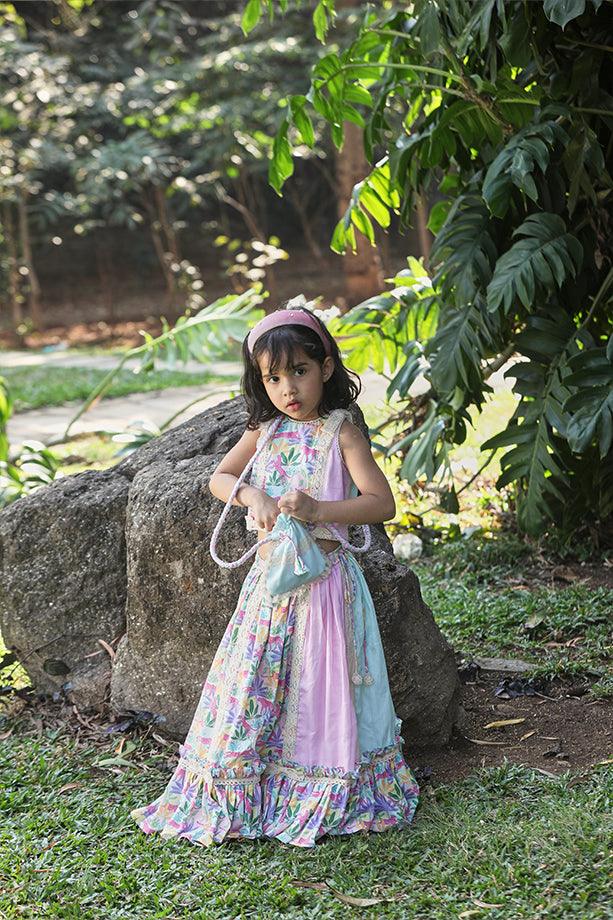 Pink & Mint Green Tropical Print Frilled Lehenga with Strappy Blouse and Potli Bag Set for Girls - Totdot