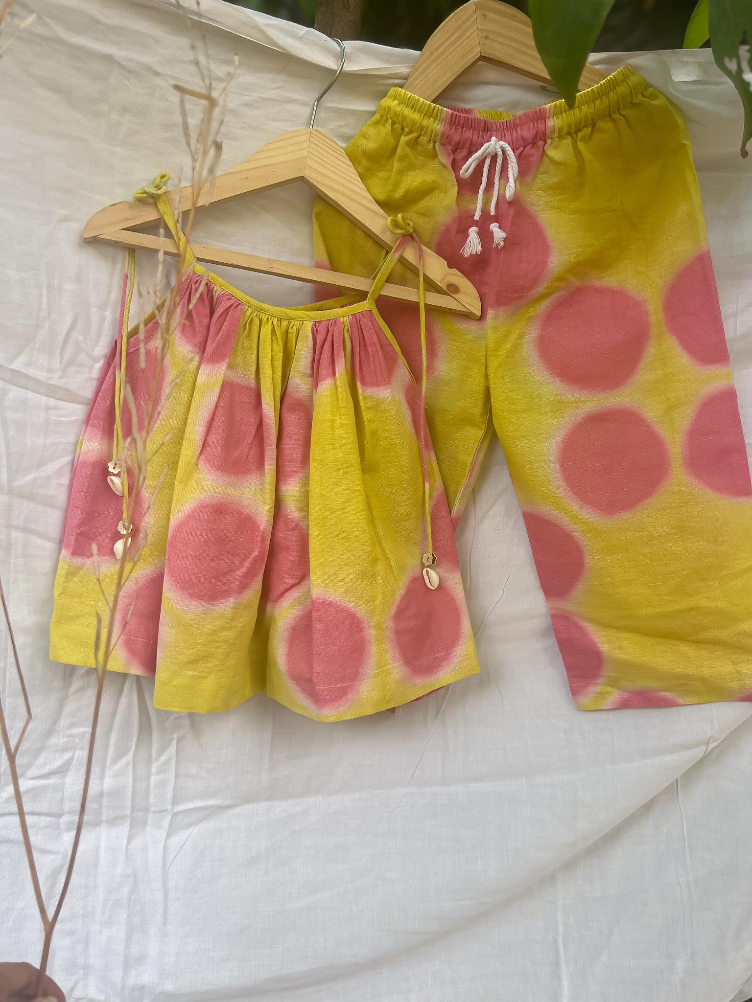 PINK AND YELLOW CLAMP TIE DYE CO-ORD SET - SET OF 2 - Totdot