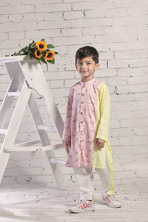 Pink animal Print Long Kurta and Off White Pants Set for Boys - Totdot