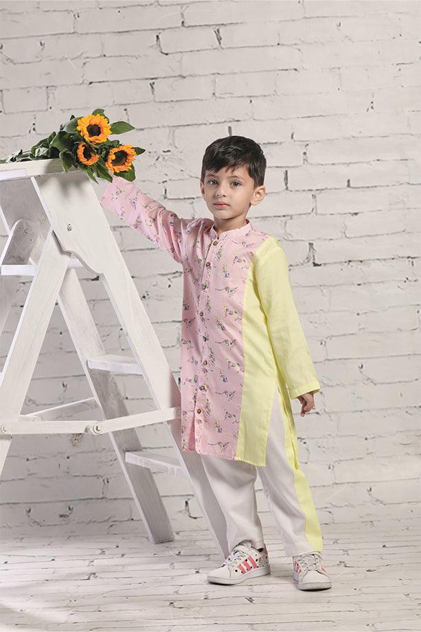 Pink animal Print Long Kurta and Off White Pants Set for Boys - Totdot