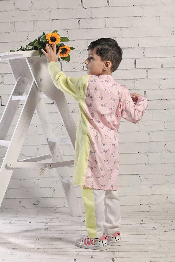 Pink animal Print Long Kurta and Off White Pants Set for Boys - Totdot