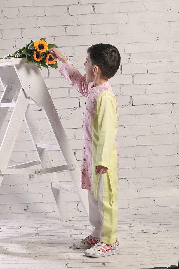 Pink animal Print Long Kurta and Off White Pants Set for Boys - Totdot