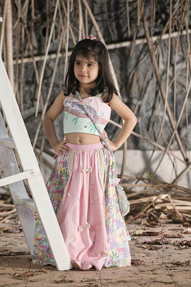 Pink Tropical Print Lehenga with Strappy Blouse and Potli Bag Set for Girls - Totdot