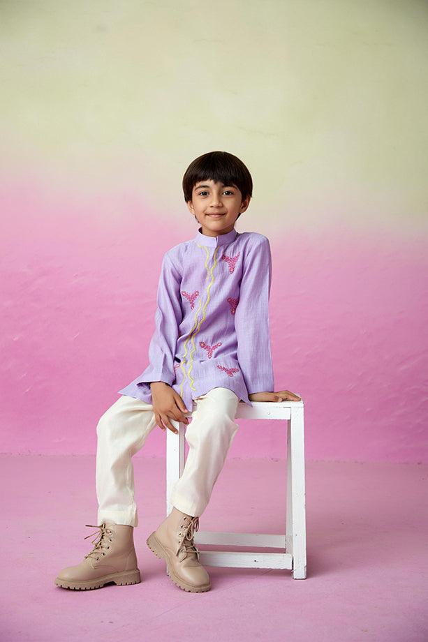 Pirate Adventure- Digital Lavender Hand Embroidered Kurta Set for Boys - Totdot