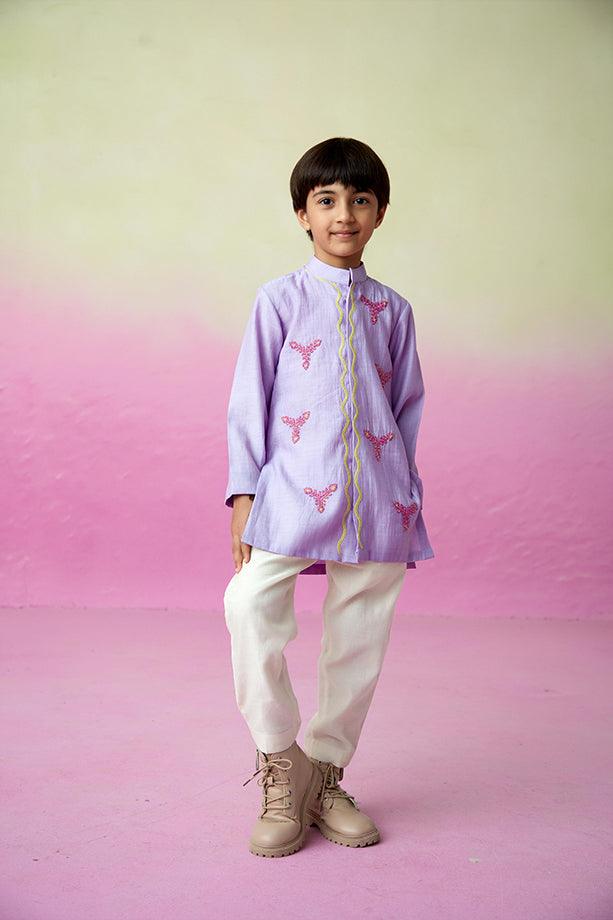 Pirate Adventure- Digital Lavender Hand Embroidered Kurta Set for Boys - Totdot