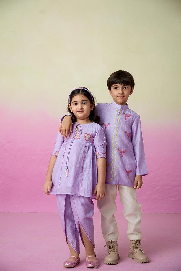 Pirate Adventure- Digital Lavender Hand Embroidered Kurta Set for Boys - Totdot