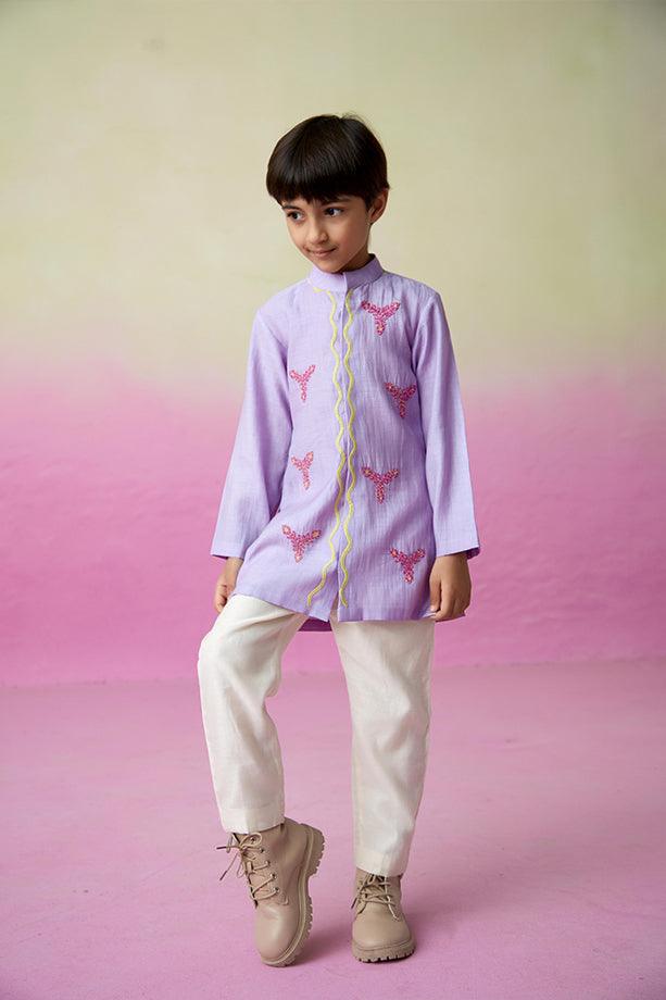 Pirate Adventure- Digital Lavender Hand Embroidered Kurta Set for Boys - Totdot