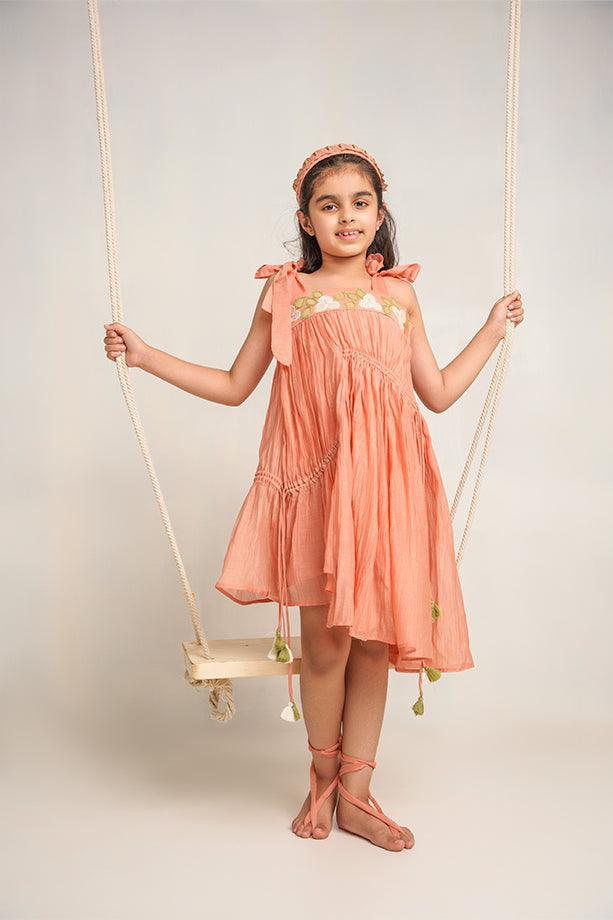 Poco Loco-Peach Chanderi Silk Hand Embroidered Tie-up Dress for Girls - Totdot