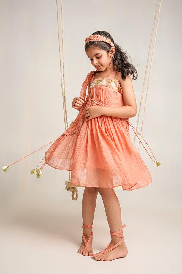 Poco Loco-Peach Chanderi Silk Hand Embroidered Tie-up Dress for Girls - Totdot