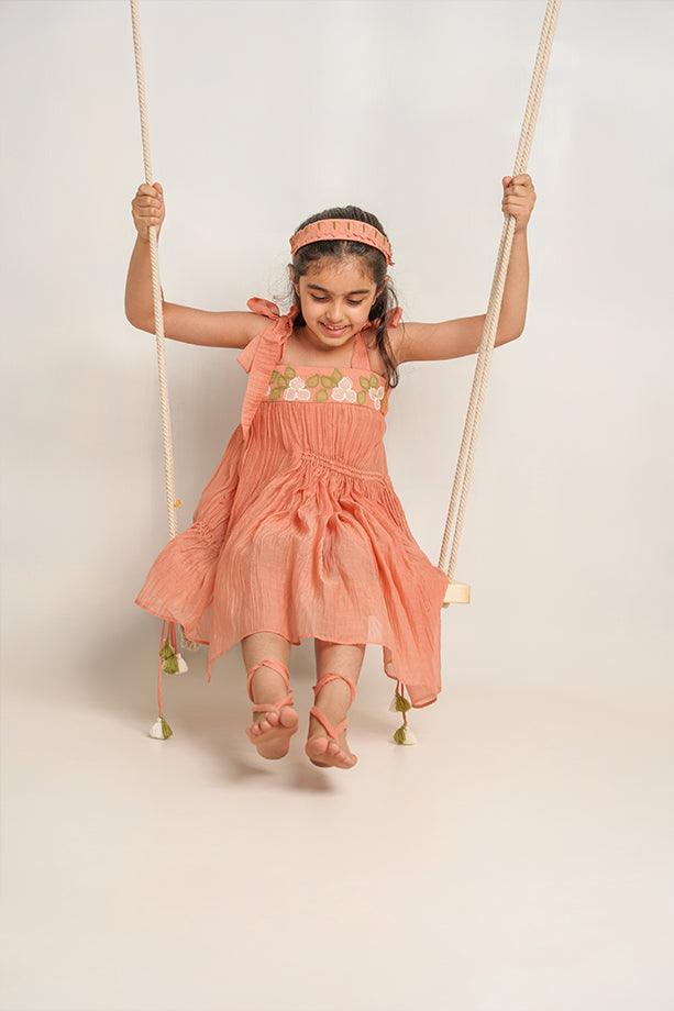 Poco Loco-Peach Chanderi Silk Hand Embroidered Tie-up Dress for Girls - Totdot