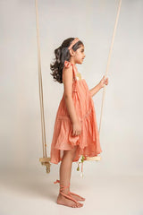 Poco Loco-Peach Chanderi Silk Hand Embroidered Tie-up Dress for Girls - Totdot