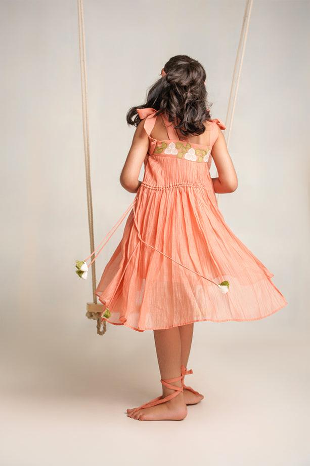 Poco Loco-Peach Chanderi Silk Hand Embroidered Tie-up Dress for Girls - Totdot