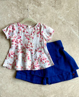 Printed linen top & Blue divided skirt (Set of 2) - Totdot