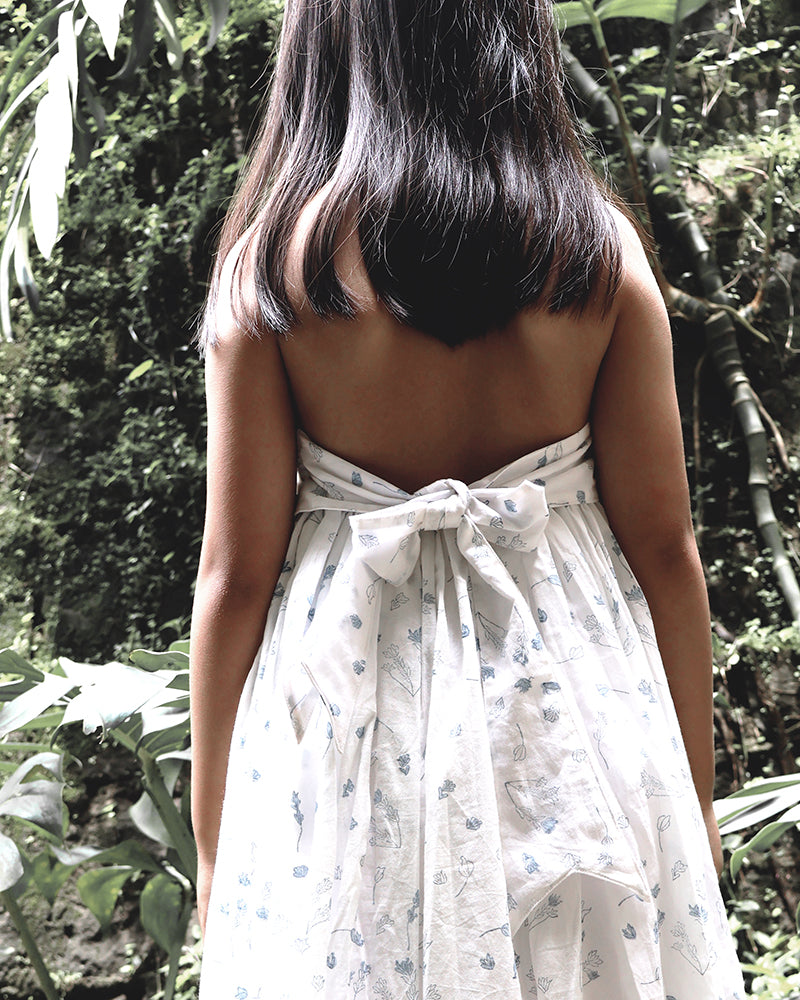 Bloom White Floral Hand Block Print Halter Neck Girls Mal Dress